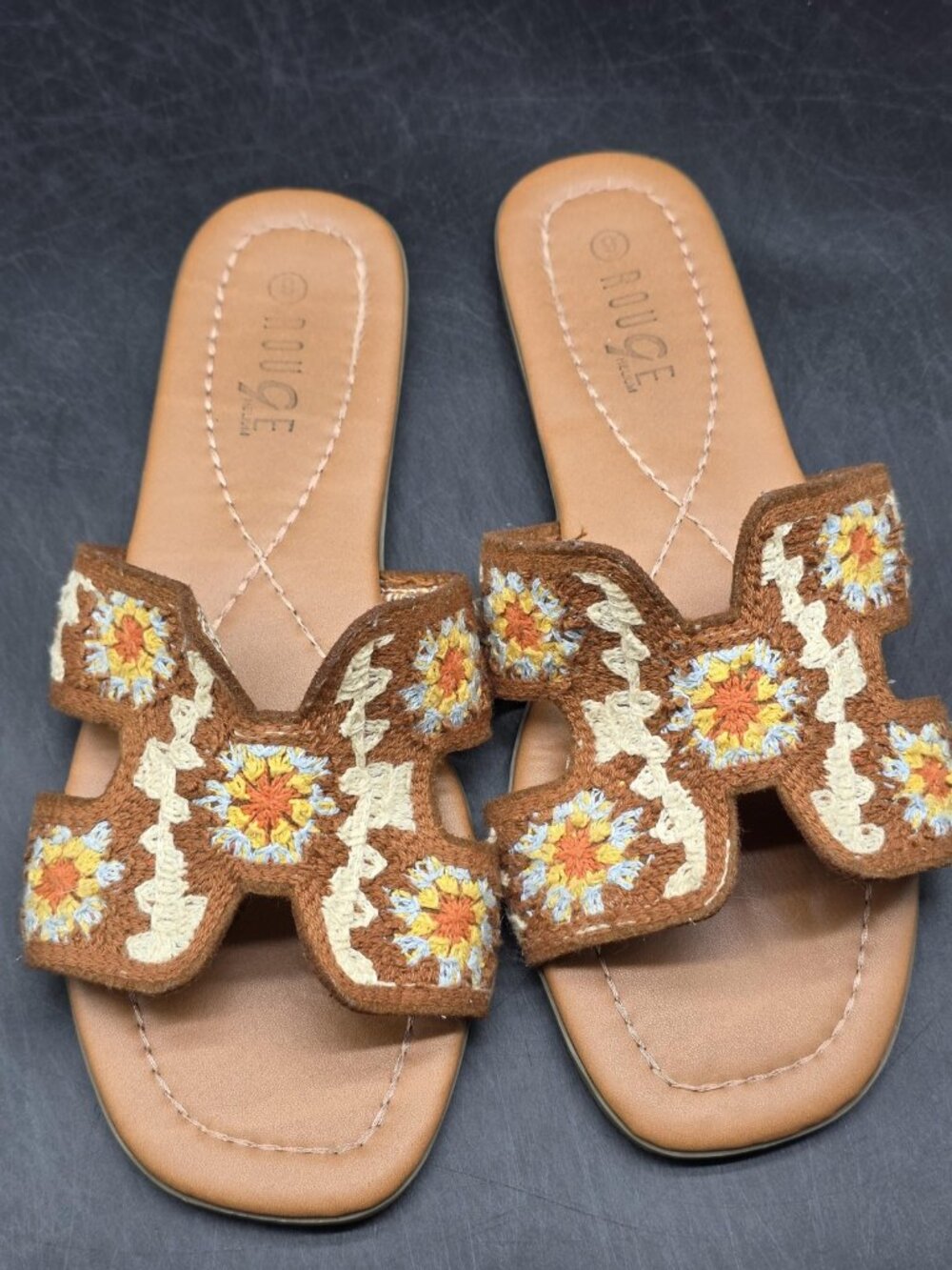 Rouge Sandals Womens Size 9 Brown Crochet Floral Slide Flat Casual Shoes